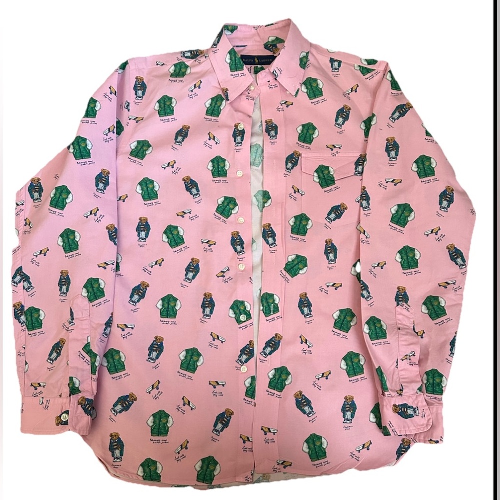 Ralph Lauren Pink and Green Bear Casual Button Down Shirt